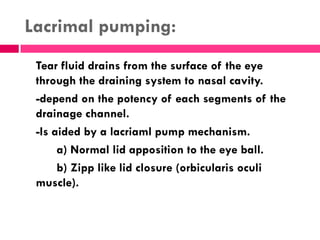 Failure lead to;
Epihora: tearing due to drainage system failure.
A) Pump failure. E.g. Facial palsy.
B) Drainage canal ob...