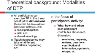 Theoretical background: Modalities
of DTP
 All participants can
exercise TP in the three
constitutive dimensions
(Bustos 2011; Coll, Bustos& Engel,
2009; Engel, Coll&Bustos, 213):
 social participation,
 task, and
 shared meanings.
 Teaching presence may
take on different
modalities depending
on:
 the focus of
participants' activity:
 Who, how and when
each participant
contributes about each
dimension:
 reminders, requests,
reviews, questions,
contribution of
information, synthesis,
recaps, etc.
 