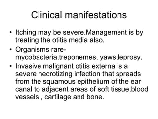 Clinical manifestations
• Itching may be severe.Management is by
treating the otitis media also.
• Organisms rare-
mycobacteria,treponemes, yaws,leprosy.
• Invasive malignant otitis externa is a
severe necrotizing infection that spreads
from the squamous epithelium of the ear
canal to adjacent areas of soft tissue,blood
vessels , cartilage and bone.
 