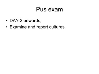 Pus exam
• DAY 2 onwards;
• Examine and report cultures
 
