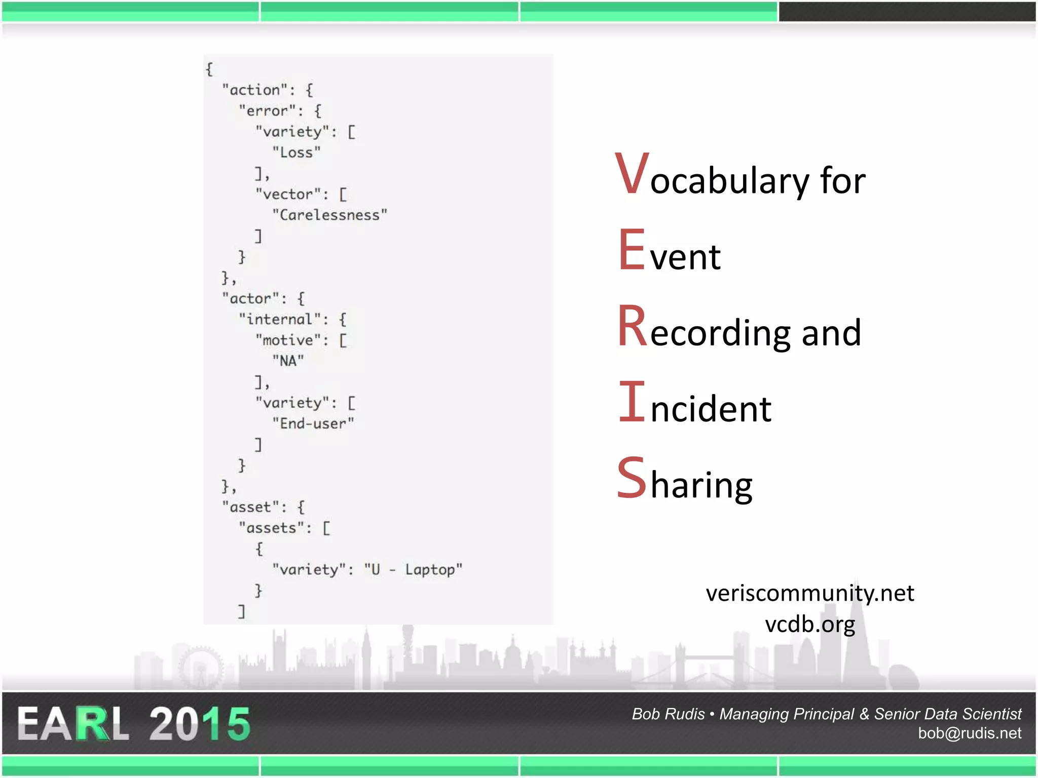Bob Rudis • Managing Principal & Senior Data Scientist
bob@rudis.net
Vocabulary for
Event
Recording and
Incident
Sharing
veriscommunity.net
vcdb.org
 