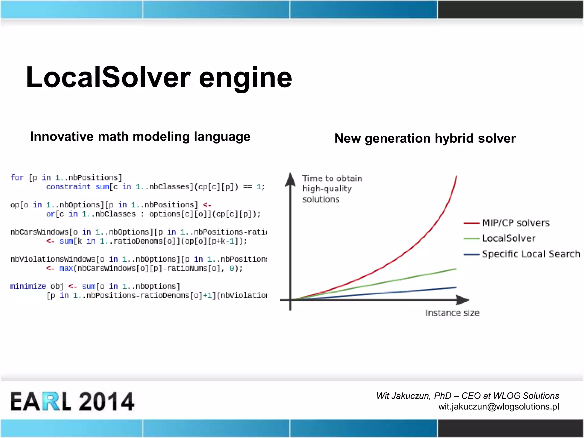 Wit Jakuczun, PhD – CEO at WLOG Solutions
wit.jakuczun@wlogsolutions.pl
LocalSolver engine
Innovative math modeling language New generation hybrid solver
 