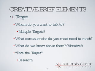 CREATIVE BRIEF ELEMENTS 1.  Target Whom do you want to talk to? Multiple Targets?  What constituencies do you most need to reach? What do we know about them? (Visualize!) “ Face the Target” Research 