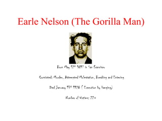 Earle Nelson (The Gorilla Man)



                  Born May 12th 1897 in San Francisco

     Convicted: Murder, Attempted Molestation, Breaking and Entering

            Died January 13th 1928 ( Execution by Hanging)

                        Number of Victims: 22+
 