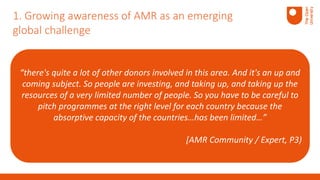 “there's quite a lot of other donors involved in this area. And it's an up and
coming subject. So people are investing, and taking up, and taking up the
resources of a very limited number of people. So you have to be careful to
pitch programmes at the right level for each country because the
absorptive capacity of the countries…has been limited…”
[AMR Community / Expert, P3)
1. Growing awareness of AMR as an emerging
global challenge
 