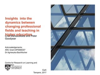 The University of Sydney Page 1
Insights into the
dynamics between
changing professional
fields and teaching in
higher educationLina Markauskaite and Peter
Goodyear
Acknowledgements:
ARC Grant DP0988307
Dr Agnieszka Bachfischer
Centre for Research on Learning and
Innovation
Earli
Tampere, 2017
 