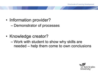 Information provider? Demonstrator of processes Knowledge creator? Work with student to show why skills are needed – help them come to own conclusions 