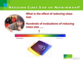 R e d u cing C las s S ize on Ach ie ve m e nt?
                What is the effect of reducing class
                size

                Hundreds of evaluations of reducing
                class size ….
                         0


    Decreased            Zero          Enhanced
 