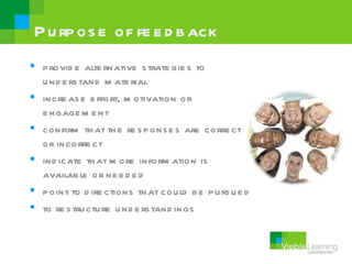 P u rp os e of fe e d b ack
 p rovid e alte rnative s trate gie s to
  u nd e rs tand m ate rial
 incre as e e ffort, m otivation or
  e ngage m e nt
 confirm th at th e re s p ons e s are corre ct
  or incorre ct
 ind icate th at m ore inform ation is
  availab le or ne e d e d
 p oint to d ire ctions th at cou ld b e p u rs u e d
 to re s tru ctu re u nd e rs tand ings
 