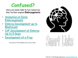 Confused?
Here are some links to fun resources
that further explain Embryogenesis:
• Animation of Early
Embryogenesis
• Embryo Development up to
Blastocyst
• IVF Development of Embryo
Up to 5 Days
• Development of a Frog
(You must be in PPT slideshow view to click on links.)
From the Virtual Biology Classroom on ScienceProfOnline.com
 
