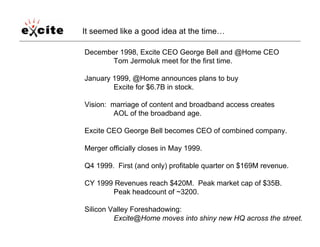 It seemed like a good idea at the time…

December 1998, Excite CEO George Bell and @Home CEO
      Tom Jermoluk meet for t...