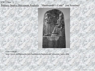 Cute website
http://www.phillipmartin.info/hammurabi/hammurabi_situation_index.htm
CH 2 Sec. 1
Primary Source Document Analysis: “Hammurabi’s Code” (see handout)
PP Design of T. Loessin; Akins H.S.
 