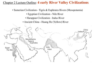 Chapter 2 Lecture Outline: 4 early River Valley Civilizations
• Sumerian Civilization - Tigris & Euphrates Rivers (Mesopotamia)
• Egyptian Civilization - Nile River
• Harappan Civilization - Indus River
• Ancient China - Huang He (Yellow) River
 