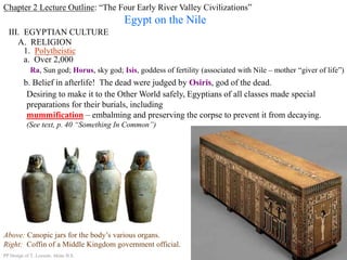 Chapter 2 Lecture Outline: “The Four Early River Valley Civilizations”
Egypt on the Nile
III. EGYPTIAN CULTURE
A. RELIGION
1. Polytheistic
a. Over 2,000
Ra, Sun god; Horus, sky god; Isis, goddess of fertility (associated with Nile – mother “giver of life”)
PP Design of T. Loessin; Akins H.S.
b. Belief in afterlife! The dead were judged by Osiris, god of the dead.
Desiring to make it to the Other World safely, Egyptians of all classes made special
preparations for their burials, including
mummification – embalming and preserving the corpse to prevent it from decaying.
(See text, p. 40 “Something In Common”)
Above: Canopic jars for the body’s various organs.
Right: Coffin of a Middle Kingdom government official.
 