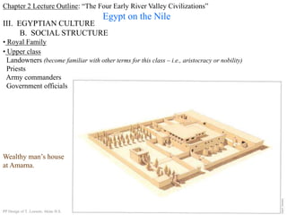 Chapter 2 Lecture Outline: “The Four Early River Valley Civilizations”
Egypt on the Nile
III. EGYPTIAN CULTURE
B. SOCIAL STRUCTURE
• Upper class
Landowners (become familiar with other terms for this class – i.e., aristocracy or nobility)
Priests
Army commanders
Government officials
• Royal Family
Bas-relief of servants attending a royal lady.
Royal barge of Ptolemy IV
moored at Memphis.
Wealthy man’s house
at Amarna.
PP Design of T. Loessin; Akins H.S.
 