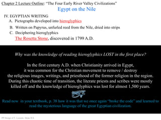 Chapter 2 Lecture Outline: “The Four Early River Valley Civilizations”
Egypt on the Nile
IV. EGYPTIAN WRITING
A. Pictographs developed into hieroglyphics
B. Written on Papyrus, unfurled reed from the Nile, dried into strips
C. Deciphering hieroglyphics
Why was the knowledge of reading hieroglyphics LOST in the first place?
In the first century A.D. when Christianity arrived in Egypt,
it was common for the Christian movement to remove / destroy
the religious images, writings, and priesthood of the former religion in the region.
During this chaotic time of transition, the literate priests and scribes were mostly
killed off and the knowledge of hieroglyphics was lost for almost 1,500 years.
Read now in your textbook, p. 38 how it was that we once again “broke the code” and learned to
read the mysterious language of the great Egyptian civilization.
The Rosetta Stone, discovered in 1799 A.D.
PP Design of T. Loessin; Akins H.S.
 
