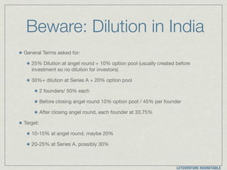 Beware: Dilution in India
General Terms asked for:

25% Dilution at angel round + 10% option pool (usually created before
...