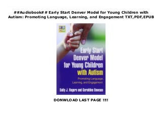 ##Audiobook## Early Start Denver Model for Young Children with
Autism: Promoting Language, Learning, and Engagement TXT,PDF,EPUB
DONWLOAD LAST PAGE !!!!
download : https://cbookdownload3.blogspot.co.uk/?book=1606236318 Download Early Start Denver Model for Young Children with Autism: Promoting Language, Learning, and Engagement Free download From leading authorities, this state-of-the-art manual presents the Early Start Denver Model (ESDM), the first comprehensive, empirically tested intervention specifically designed for toddlers and preschoolers with autism spectrum disorder. Supported by the principles of developmental psychology and applied behavior analysis, ESDM’s intensive teaching interventions are delivered within play-based, relationship-focused routines. The manual provides structured, hands-on strategies for working with very young children in individual and group settings to promote development in such key domains as imitation communication social, cognitive, and motor skills adaptive behavior and play. Implementing individualized treatment plans for each child requires the use of an assessment tool, the Early Start Denver Model Curriculum Checklist for Young Children with Autism. A nonreproducible checklist is included in the manual for reference, along with instructions for use 8½ x 11 checklists are sold separately in sets of 15 ready-to-use booklets. See also the authors' related parent guide, An Early Start for Your Child with Autism.
 