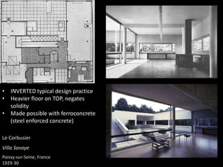 Le Corbusier
Villa Savoye
Poissy-sur-Seine, France
1929-30
• INVERTED typical design practice
• Heavier floor on TOP, negates
solidity
• Made possible with ferroconcrete
(steel enforced concrete)
 