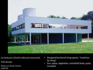 Le Corbusier (Charles Edouard Jeanneret)
Villa Savoye
Poissy-sur-Seine, France
1929-30
• Designed functional living spaces, “machines
for living”
• Sun, space, vegetation, controlled temp, quiet,
insulated
 