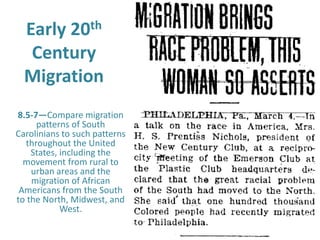 Early 20th
Century
Migration
8.5-7—Compare migration
patterns of South
Carolinians to such patterns
throughout the United
States, including the
movement from rural to
urban areas and the
migration of African
Americans from the South
to the North, Midwest, and
West.
 