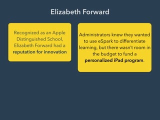 Elizabeth Forward
Recognized as an Apple
Distinguished School,
Elizabeth Forward had a
reputation for innovation
Administrators knew they wanted
to use eSpark to differentiate
learning, but there wasn’t room in
the budget to fund a
personalized iPad program.
 