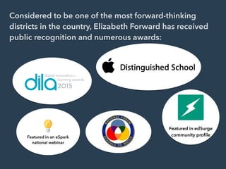 Considered to be one of the most forward-thinking
districts in the country, Elizabeth Forward has received
public recognition and numerous awards:
Featured in edSurge
community proﬁle
 