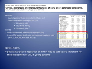 Am J Surg Pathol. 2009 Apr;33(4):572-82. doi: 10.1097/PAS.0b013e31818afd6b.
Clinical, pathologic, and molecular features of early-onset colorectal carcinoma.
Yantiss RK1, Goodarzi M, Zhou XK, Rennert H, Pirog EC, Banner BF, Chen YT.
METHODS
• surgical patients UMass Memorial Healthcare and
Weill Cornell Medical College 2000-2007
 24 patients <40y
 15 patients 40-40y
 30 patients >50y
RESULTS
• more frequent AMACR expression in patients <40y
• 4 micro-RNA species significantly overexpressed in patients <40y
(miR-21, miR-20a, miR-181b, mi-203)
CONCLUSIONS
 posttranscriptional regulation of mRNA may be particularly important for
the development of CRC in young patients
 