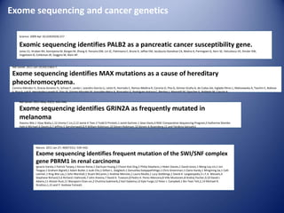 Nat Genet. 2011 May; 43(5): 442–446.
Exome sequencing identifies GRIN2A as frequently mutated in
melanoma
Xiaomu Wei,1 Vijay Walia,1,12 Jimmy C Lin,2,12 Jamie K Teer,3 Todd D Prickett,1 Jared Gartner,1 Sean Davis,4 NISC Comparative Sequencing Program,5 Katherine Stemke-
Hale,6 Michael A Davies,6,7 Jeffrey E Gershenwald,8,9 William Robinson,10 Steven Robinson,10 Steven A Rosenberg,11 and Yardena Samuels1
Science. 2009 Apr 10;324(5924):217
Exomic sequencing identifies PALB2 as a pancreatic cancer susceptibility gene.
Jones S1, Hruban RH, Kamiyama M, Borges M, Zhang X, Parsons DW, Lin JC, Palmisano E, Brune K, Jaffee EM, Iacobuzio-Donahue CA, Maitra A, Parmigiani G, Kern SE, Velculescu VE, Kinzler KW,
Vogelstein B, Eshleman JR, Goggins M, Klein AP.
Nat Genet. 2011 Jun 19;43(7):663-7.
Exome sequencing identifies MAX mutations as a cause of hereditary
pheochromocytoma.
Comino-Méndez I1, Gracia-Aznárez FJ, Schiavi F, Landa I, Leandro-García LJ, Letón R, Honrado E, Ramos-Medina R, Caronia D, Pita G, Gómez-Graña A, de Cubas AA, Inglada-Pérez L, Maliszewska A, Taschin E, Bobisse
S, Pica G, Loli P, Hernández-Lavado R, Díaz JA, Gómez-Morales M, González-Neira A, Roncador G, Rodríguez-Antona C, Benítez J, Mannelli M, Opocher G, Robledo M, Cascón A.
Nature. 2011 Jan 27; 469(7331): 539–542.
Exome sequencing identifies frequent mutation of the SWI/SNF complex
gene PBRM1 in renal carcinoma
Ignacio Varela,1 Patrick Tarpey,1 Keiran Raine,1 Dachuan Huang,2 Choon Kiat Ong,2 Philip Stephens,1 Helen Davies,1 David Jones,1 Meng-Lay Lin,1 Jon
Teague,1 Graham Bignell,1 Adam Butler,1 Juok Cho,1 Gillian L. Dalgliesh,1 Danushka Galappaththige,1 Chris Greenman,1 Claire Hardy,1 Mingming Jia,1 Calli
Latimer,1 King Wai Lau,1 John Marshall,1 Stuart McLaren,1 Andrew Menzies,1 Laura Mudie,1 Lucy Stebbings,1 David A. Largaespada,3 L.F.A. Wessels,4
Stephane Richard,5,6 Richard J Kahnoski,7 John Anema,7 David A. Tuveson,8 Pedro A. Perez-Mancera,8 Ville Mustonen,8 Andrej Fischer,9,10 David J.
Adams,11 Alistair Rust,11 Waraporn Chan-on,2 Chutima Subimerb,2 Karl Dykema,12 Kyle Furge,12 Peter J. Campbell,1 Bin Tean Teh,2,14 Michael R.
Stratton,1,15 and P. Andrew Futreal1
Exome sequencing and cancer genetics
 