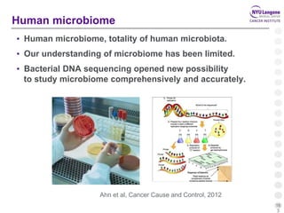 16
3
Human microbiome
• Human microbiome, totality of human microbiota.
• Our understanding of microbiome has been limited.
• Bacterial DNA sequencing opened new possibility
to study microbiome comprehensively and accurately.
Ahn et al, Cancer Cause and Control, 2012
 