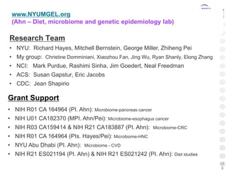 17
9
Research Team
• NYU: Richard Hayes, Mitchell Bernstein, George Miller, Zhiheng Pei
• My group: Christine Domminiani, Xiaozhou Fan, Jing Wu, Ryan Shanly, Elong Zhang
• NCI: Mark Purdue, Rashimi Sinha, Jim Goedert, Neal Freedman
• ACS: Susan Gapstur, Eric Jacobs
• CDC: Jean Shapirio
Grant Support
• NIH R01 CA 164964 (PI. Ahn): Microbiome-pancreas cancer
• NIH U01 CA182370 (MPI. Ahn/Pei): Microbiome-esophagus cancer
• NIH R03 CA159414 & NIH R21 CA183887 (PI. Ahn): Microbiome-CRC
• NIH R01 CA 164964 (PIs. Hayes/Pei): Microbiome-HNC
• NYU Abu Dhabi (PI. Ahn): Microbiome - CVD
• NIH R21 ES021194 (PI. Ahn) & NIH R21 ES021242 (PI. Ahn): Diet studies
www.NYUMGEL.org
(Ahn – Diet, microbiome and genetic epidemiology lab)
 