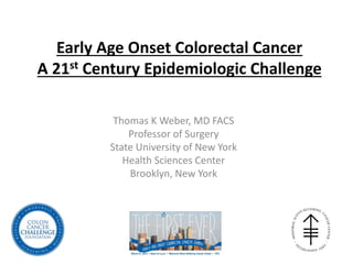 Early Age Onset Colorectal Cancer
A 21st Century Epidemiologic Challenge
Thomas K Weber, MD FACS
Professor of Surgery
State University of New York
Health Sciences Center
Brooklyn, New York
 