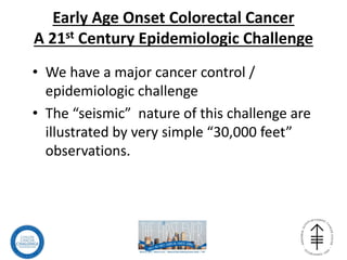Early Age Onset Colorectal Cancer
A 21st Century Epidemiologic Challenge
• We have a major cancer control /
epidemiologic challenge
• The “seismic” nature of this challenge are
illustrated by very simple “30,000 feet”
observations.
 