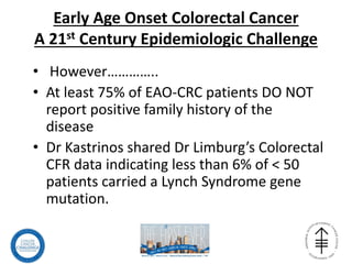 Early Age Onset Colorectal Cancer
A 21st Century Epidemiologic Challenge
• However…………..
• At least 75% of EAO-CRC patients DO NOT
report positive family history of the
disease
• Dr Kastrinos shared Dr Limburg’s Colorectal
CFR data indicating less than 6% of < 50
patients carried a Lynch Syndrome gene
mutation.
 