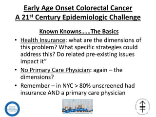 Early Age Onset Colorectal Cancer
A 21st Century Epidemiologic Challenge
Known Knowns……The Basics
• Health Insurance: what are the dimensions of
this problem? What specific strategies could
address this? Do related pre-existing issues
impact it”
• No Primary Care Physician: again – the
dimensions?
• Remember – in NYC > 80% unscreened had
insurance AND a primary care physician
 