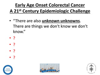 Early Age Onset Colorectal Cancer
A 21st Century Epidemiologic Challenge
• “There are also unknown unknowns.
There are things we don't know we don't
know.”
• ?
• ?
• ?
• ?
 