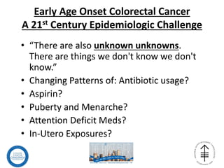 Early Age Onset Colorectal Cancer
A 21st Century Epidemiologic Challenge
• “There are also unknown unknowns.
There are things we don't know we don't
know.”
• Changing Patterns of: Antibiotic usage?
• Aspirin?
• Puberty and Menarche?
• Attention Deficit Meds?
• In-Utero Exposures?
 