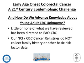 Early Age Onset Colorectal Cancer
A 21st Century Epidemiologic Challenge
And How Do We Advance Knowledge About
Young Adult CRC Unknowns?
• Little or none of what we have reviewed
has been directed to EAO-CRC
• Our NCI / CDC Cancer Registries do NOT
collect family history or other basic risk
factor data
 
