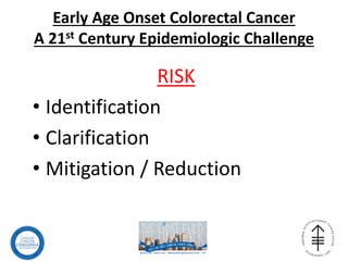 Early Age Onset Colorectal Cancer
A 21st Century Epidemiologic Challenge
RISK
• Identification
• Clarification
• Mitigation / Reduction
 