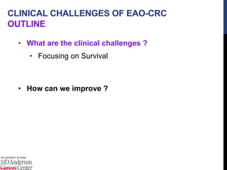 CLINICAL CHALLENGES OF EAO-CRC
OUTLINE
• What are the clinical challenges ?
• Focusing on Survival
• How can we improve ?
 