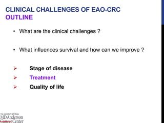 CLINICAL CHALLENGES OF EAO-CRC
OUTLINE
• What are the clinical challenges ?
• What influences survival and how can we improve ?
 Stage of disease
 Treatment
 Quality of life
 