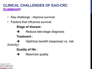 CLINICAL CHALLENGES OF EAO-CRC
SUMMARY
• Key challenge : improve survival
• Factors that influence survival
Stage of disease :
 Reduce late-stage diagnosis
Treatment :
 Optimize benefit (response) vs. risk
(toxicity)
Quality of life :
 Maximize quality
 