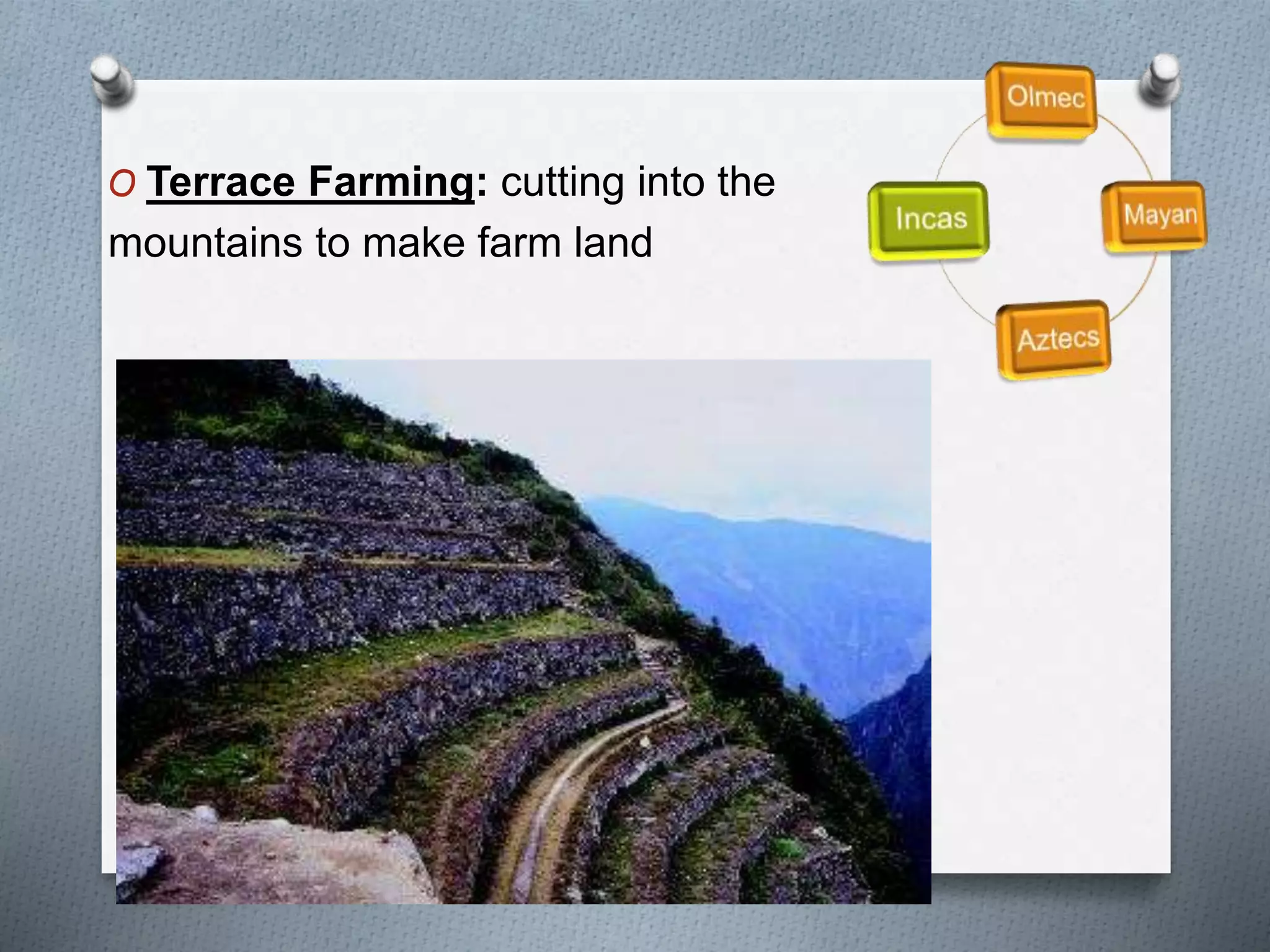 O Terrace Farming: cutting into the
mountains to make farm land