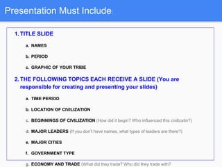 Presentation Must Include:
1. TITLE SLIDE
a. NAMES
b. PERIOD
c. GRAPHIC OF YOUR TRIBE
2. THE FOLLOWING TOPICS EACH RECEIVE A SLIDE (You are
responsible for creating and presenting your slides)
a. TIME PERIOD
b. LOCATION OF CIVILIZATION
c. BEGINNINGS OF CIVILIZATION (How did it begin? Who influenced this civilizatin?)
d. MAJOR LEADERS (If you don’t have names, what types of leaders are there?)
e. MAJOR CITIES
f. GOVERNMENT TYPE
g. ECONOMY AND TRADE (What did they trade? Who did they trade with?
 