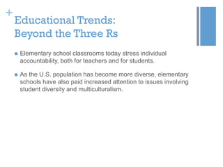 +

Educational Trends:
Beyond the Three Rs


Elementary school classrooms today stress individual
accountability, both for teachers and for students.



As the U.S. population has become more diverse, elementary
schools have also paid increased attention to issues involving
student diversity and multiculturalism.

 