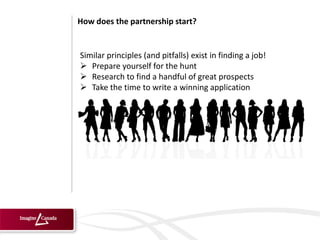 How does the partnership start?


Similar principles (and pitfalls) exist in finding a job!
 Prepare yourself for the hunt
 Research to find a handful of great prospects
 Take the time to write a winning application
 