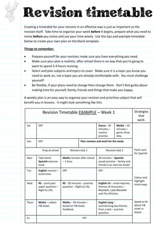 Creating a timetable for your revision in an effective way is just as important as the
revision itself. Take time to organise your week before it begins, prepare what you need to
revise before you revise and use your time wisely. Use the tips and example timetable
below to create your own plan on the blank template.
Things to remember:
 Prepare yourself for your revision; make sure you have everything you need.
 Make sure your plan is realistic; after school there is no way that you’re going to
want to spend 3-4 hours revising.
 Select and plan subjects and topics to cover. Make sure it is a topic you know you
need to work on, not a topic you are already comfortable with. You must challenge
yourself!
 Be flexible, if your plans need to change then change them. Don’t feel guilty about
making time for yourself, family, friends and things that make you happy.
A weekly plan is an easy way to organise your revision and prioritise subject that will
benefit you in lessons. It might look something like this.
Revision Timetable EXAMPLE – Week 1 Strategies
that
work.
Sat OFF Dance - 30
minutes –
routine
practise.
Media – 30
minutes –
game show
idea.
Flash card
for Spanish
Colour and
highlight
mind maps
Speak to Sir
about FIB
sheet in
lesson
Sun OFF Plan revision and work for the week.
Prep at school Revision task 1 Revision task 2
Mon Take home
Spanish exercise
book.
Maths revision after school
– 1 hour
20 minutes – Spanish
vocab practise – family and
friends (use exercise book)
Tue English revision –
lunch time.
OFF OFF
Wed RE – print past
paper question –
Right to Life.
RE - 30 minutes – practise
question – Right to Life.
English Lit – mind map key
themes of characters –
Macbeth, Lady Macbeth
and The Witches.
Thurs Maths – collect
FIB sheet.
Maths – 30 minutes –
based on FIB sheet
feedback.
English Lang –
summarising key themes
from a text – practise
question.
Fri OFF
 
