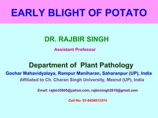 EARLY BLIGHT OF POTATO
DR. RAJBIR SINGH
Assistant Professor
Department of Plant Pathology
Gochar Mahavidyalaya, Rampur Maniharan, Saharanpur (UP), India
Affiliated to Ch. Charan Singh University, Meerut (UP), India
Email: rajbir25805@yahoo.com, rajbirsingh2810@gmail.com
Cell No. 91-9456613374
 