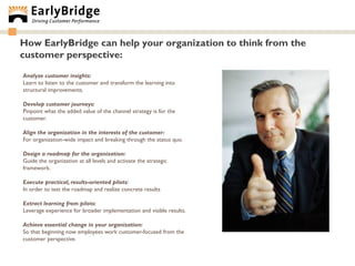 How EarlyBridge can help your organization to think from the
customer perspective:
Analyze customer insights:
Learn to listen to the customer and transform the learning into
structural improvements.

Develop customer journeys:
Pinpoint what the added value of the channel strategy is for the
customer.

Align the organization in the interests of the customer:
For organization-wide impact and breaking through the status quo.

Design a roadmap for the organization:
Guide the organization at all levels and activate the strategic
framework.

Execute practical, results-oriented pilots:
In order to test the roadmap and realize concrete results

Extract learning from pilots:
Leverage experience for broader implementation and visible results.

Achieve essential change in your organization:
So that beginning now employees work customer-focused from the
customer perspective.
 