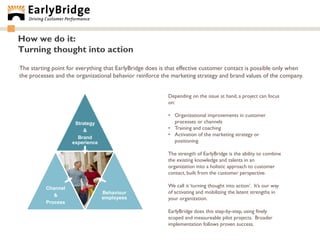 How we do it:
Turning thought into action

The starting point for everything that EarlyBridge does is that effective customer contact is possible only when
the processes and the organizational behavior reinforce the marketing strategy and brand values of the company.


                                                          Depending on the issue at hand, a project can focus
                                                          on:

                                                          • Organizational improvements in customer
                     Strategy                               processes or channels
                        &                                 • Training and coaching
                                                          • Activation of the marketing strategy or
                      Brand
                    experience                              positioning

                                                          The strength of EarlyBridge is the ability to combine
                                                          the existing knowledge and talents in an
                                                          organization into a holistic approach to customer
                                                          contact, built from the customer perspective.

          Channel                                         We call it „turning thought into action‟. It‟s our way
                                 Behaviour                of activating and mobilizing the latent strengths in
             &
                                 employees                your organization.
          Process
                                                          EarlyBridge does this step-by-step, using finely
                                                          scoped and measureable pilot projects. Broader
                                                          implementation follows proven success.
 